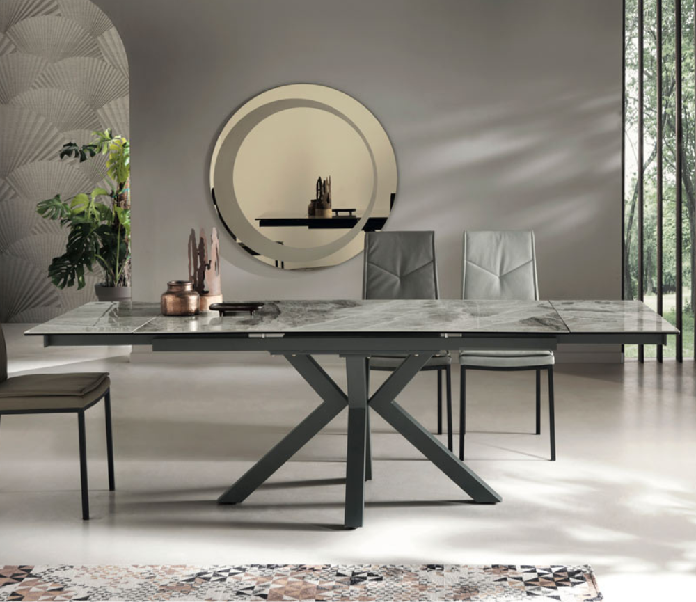 table céramique extensible marbre gris clair pieds métal noir - Souffle d'intérieur