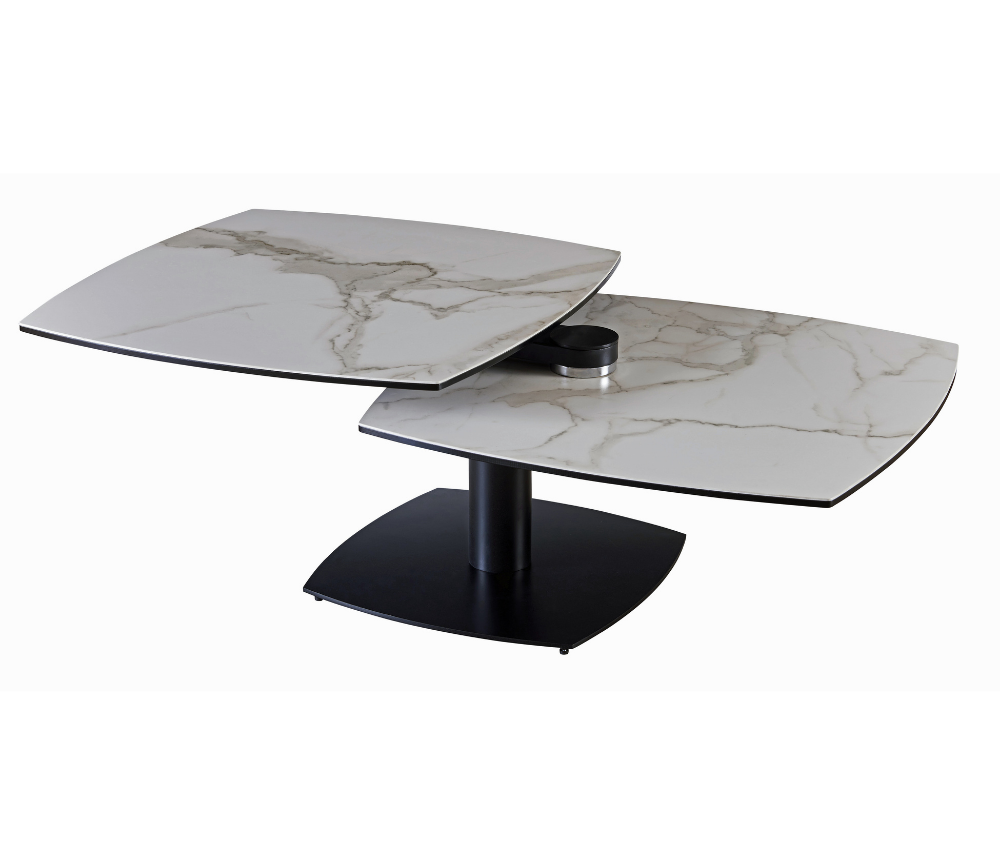Table basse céramique marbre blanc mat carré pivotante pieds métal noir - Souffle d'intérieur