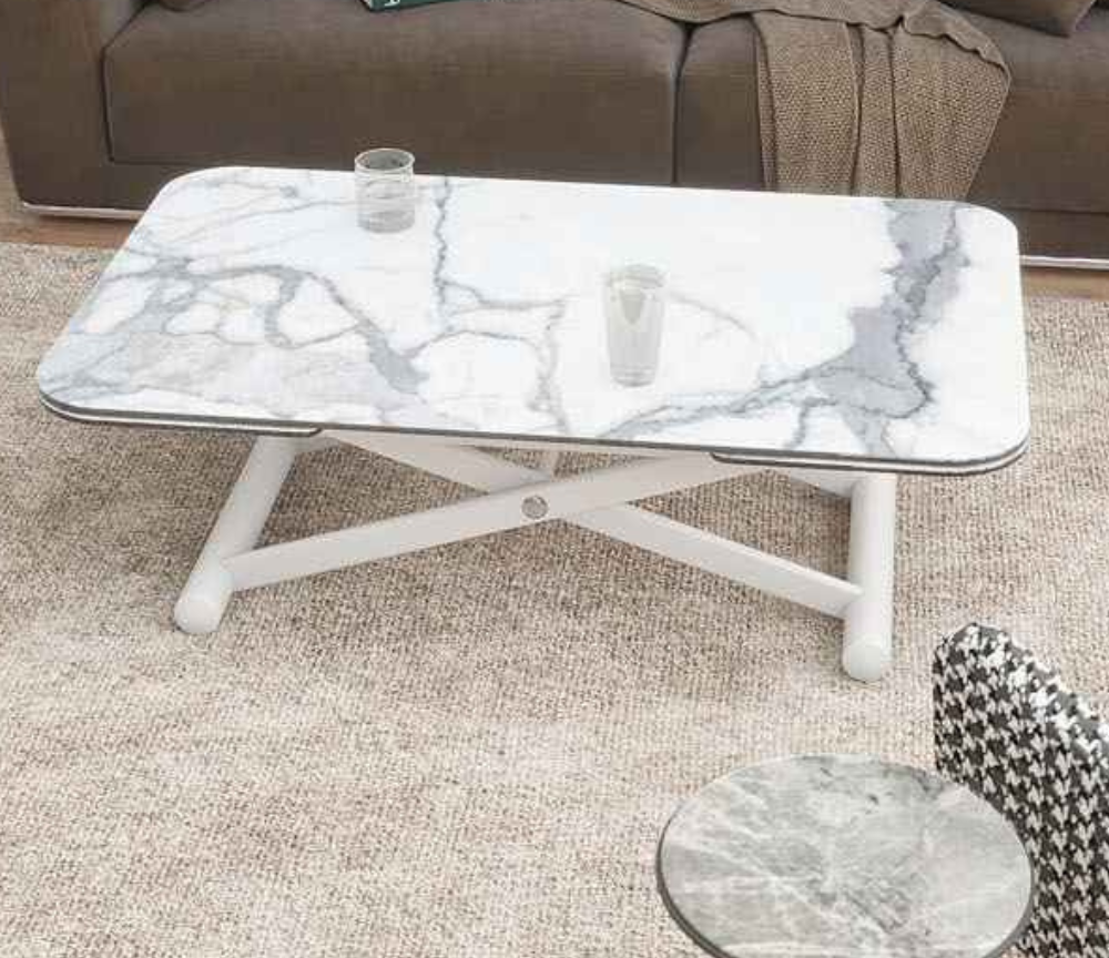 Table basse relevable extensible céramique marbre blanc - Souffle d'intérieur