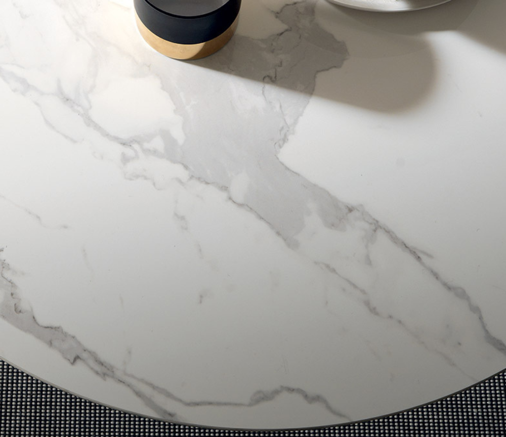table basse relevable extensible céramique ronde marbre blanc brillant luxe - Souffle d'intérieur