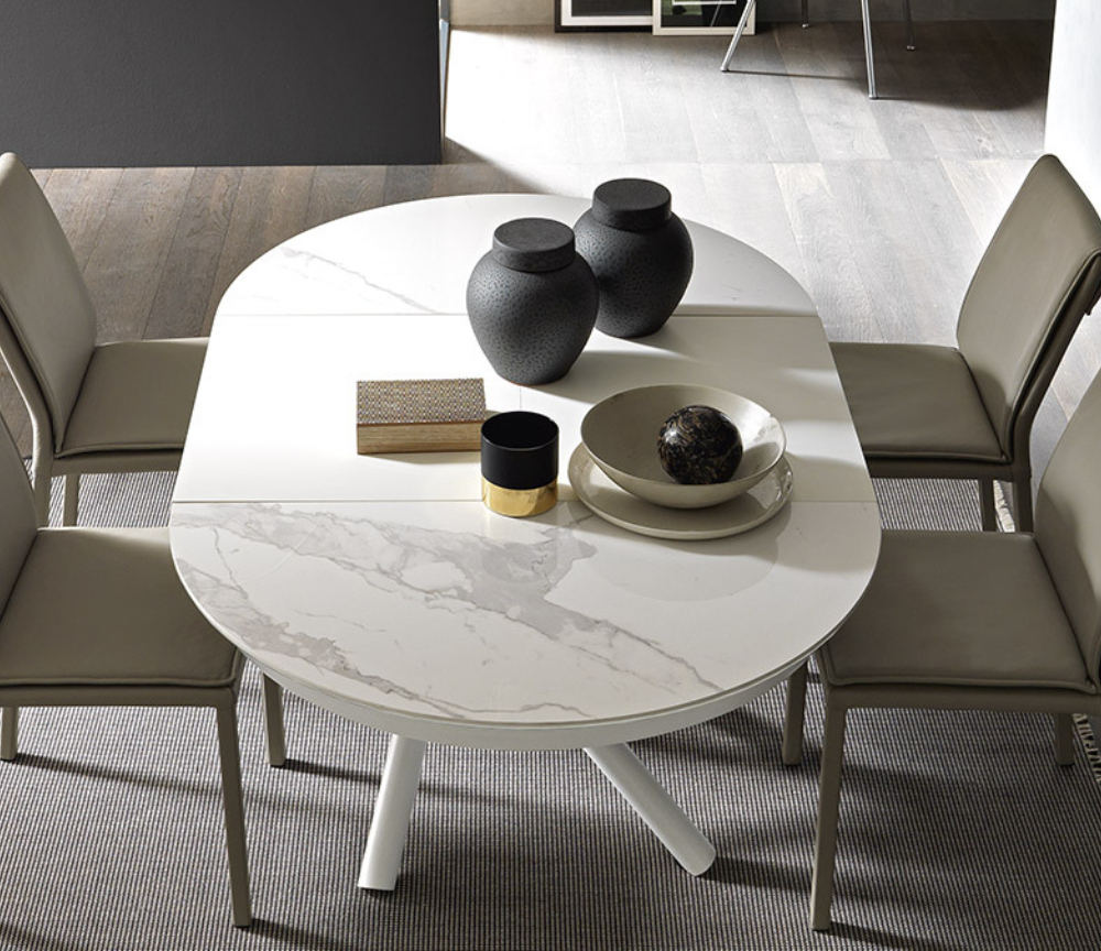 table basse relevable extensible céramique ronde marbre blanc brillant luxe - Souffle d'intérieur