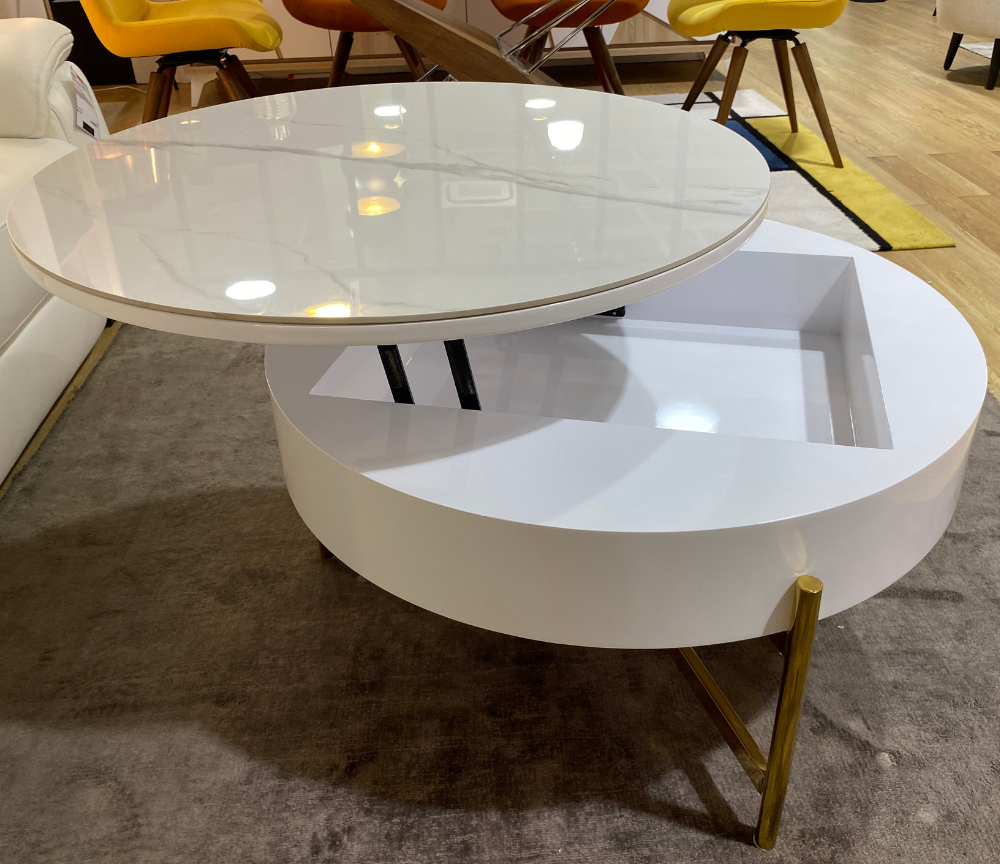 table basse ronde relevable céramique blanche avec 3 poufs - Souffle d'intérieur