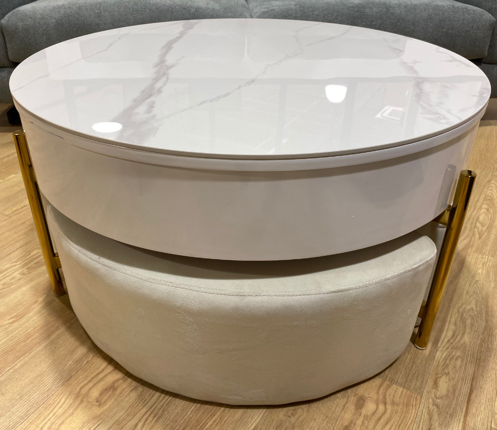 table basse ronde plateau relevable céramique marbre blanche avec 3 poufs - Souffle d'intérieur