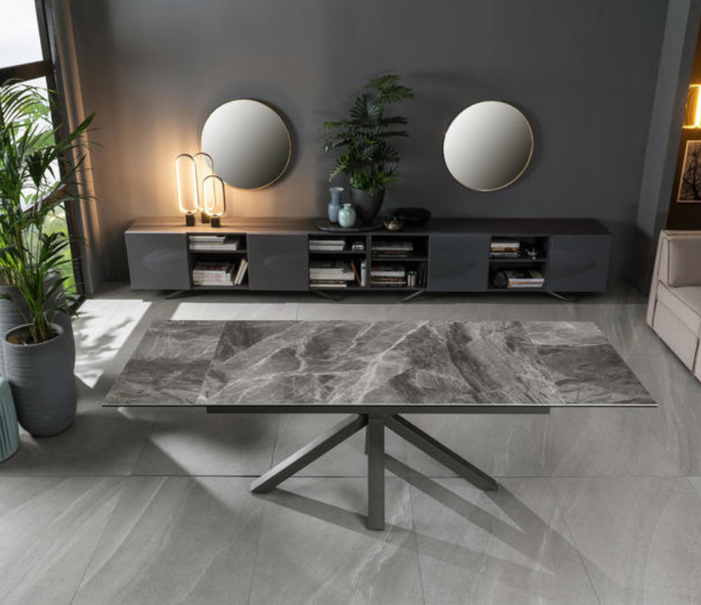 table céramique extensible marbre gris clair pieds métal noir - Souffle d'intérieur