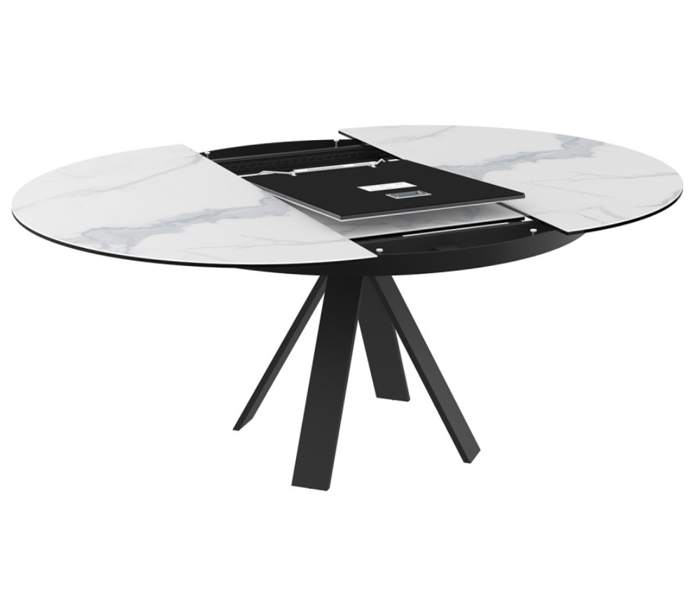 Table ronde extensible céramique marbre blanc pieds noir métal - Akante - Souffle d'intérieur