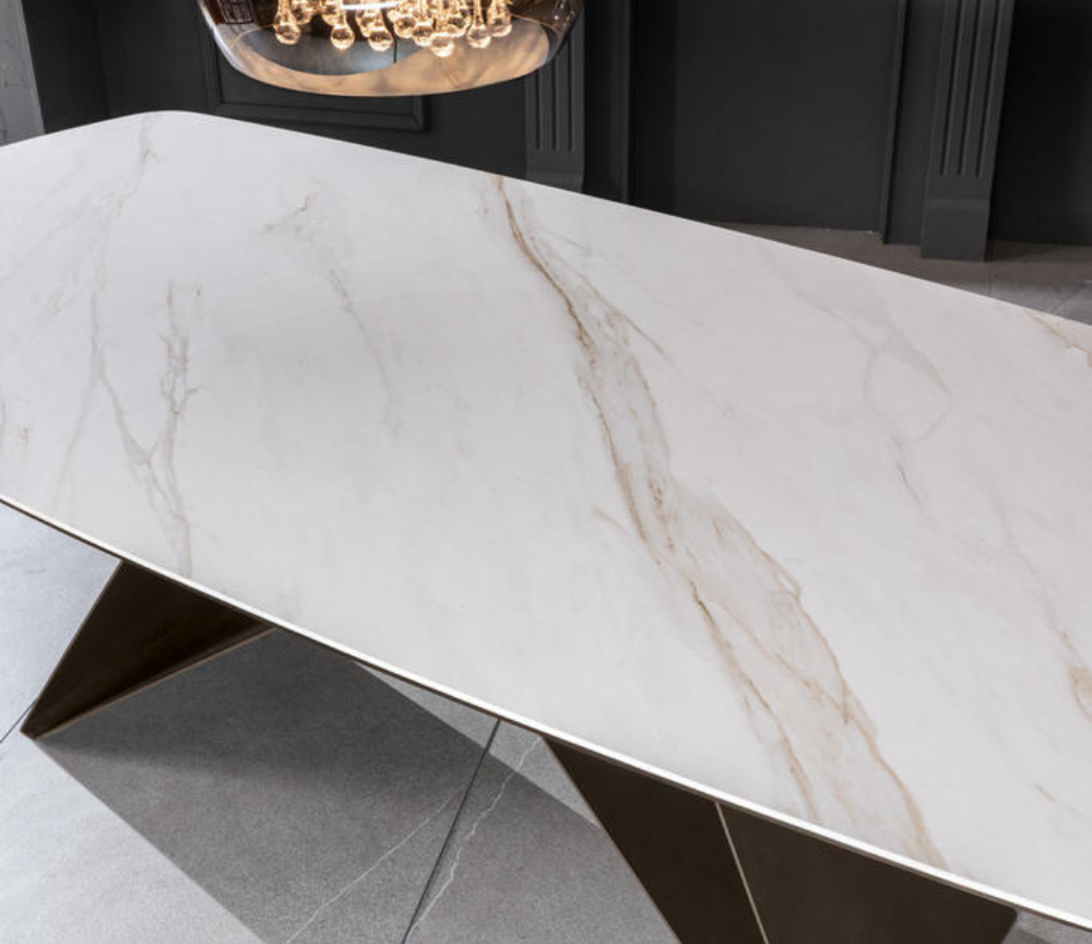 Table ovale céramique fixe marbre blanc calacatta mat luxe - Souffle d'intérieur