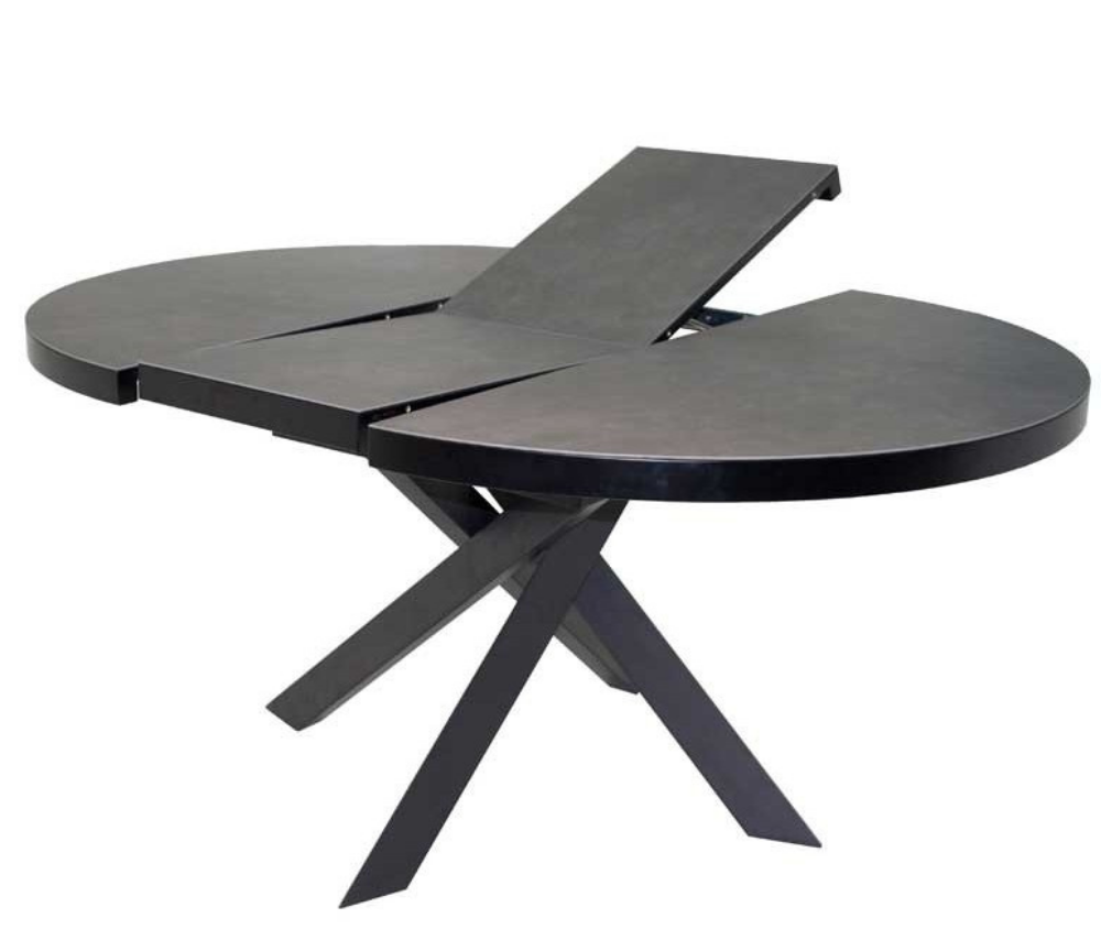 Table ronde extensible design céramique grise rallonge centrale pieds métal noir - Akante - Souffle d'intérieur