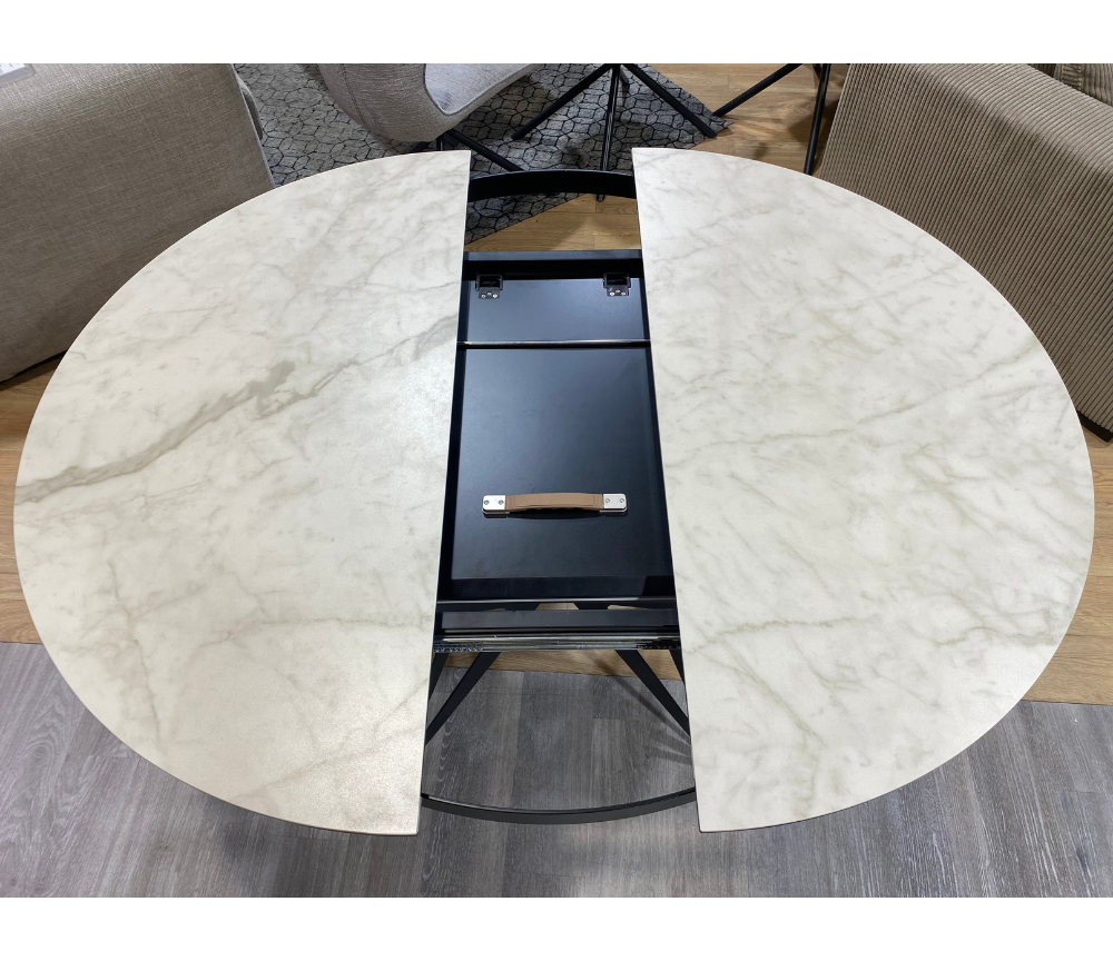 Table ronde extensible céramique marbre blanc mat pieds noir - Souffle d'intérieur