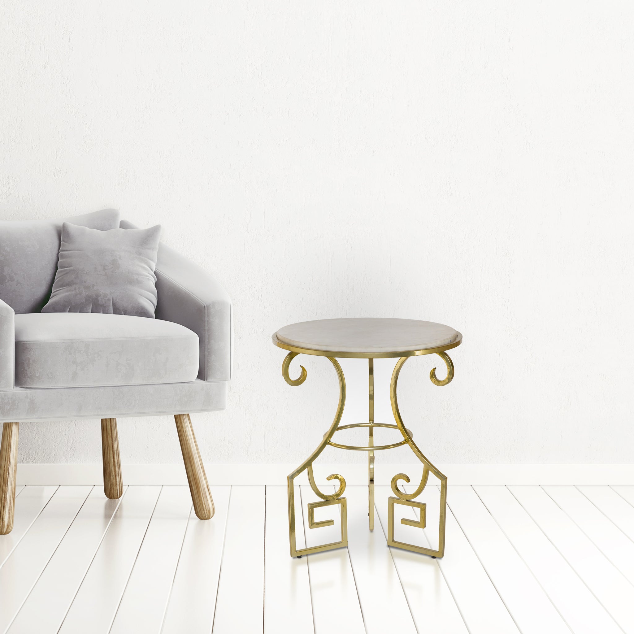 white and gold round side table