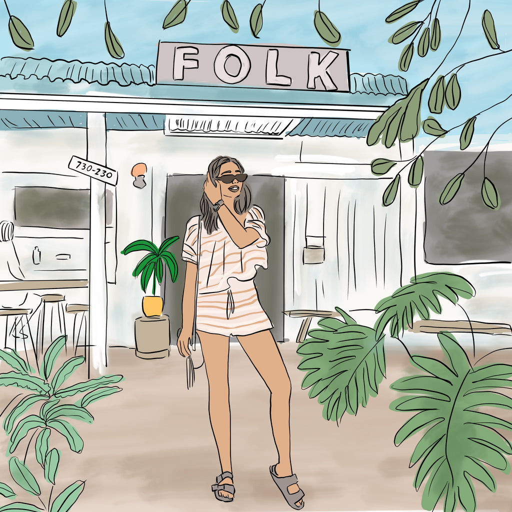 Illustration of woman standing in front of Folk Cafe in Byron Bay Australia