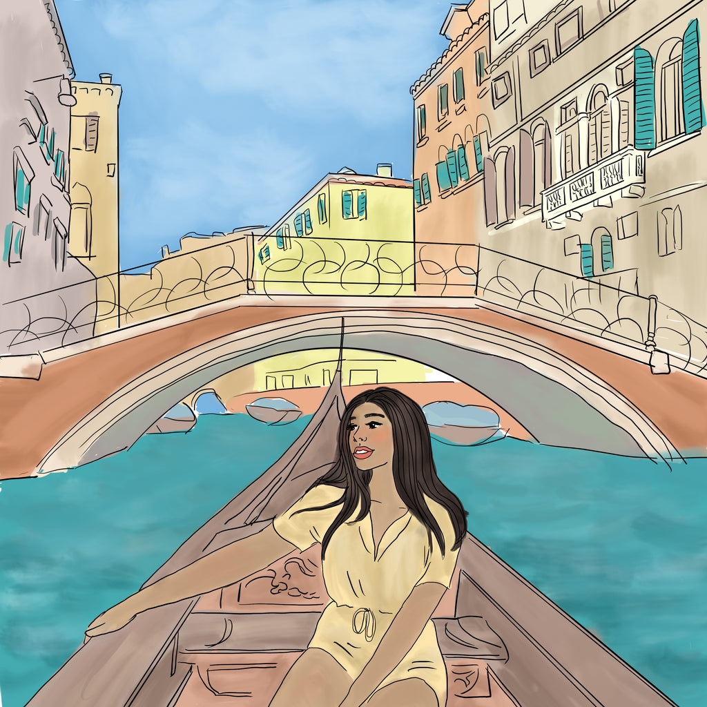 Illustration of woman sitting in a gondola in Venice travelling on the water through the canals and under a bridge with Italian terrace houses in the background
