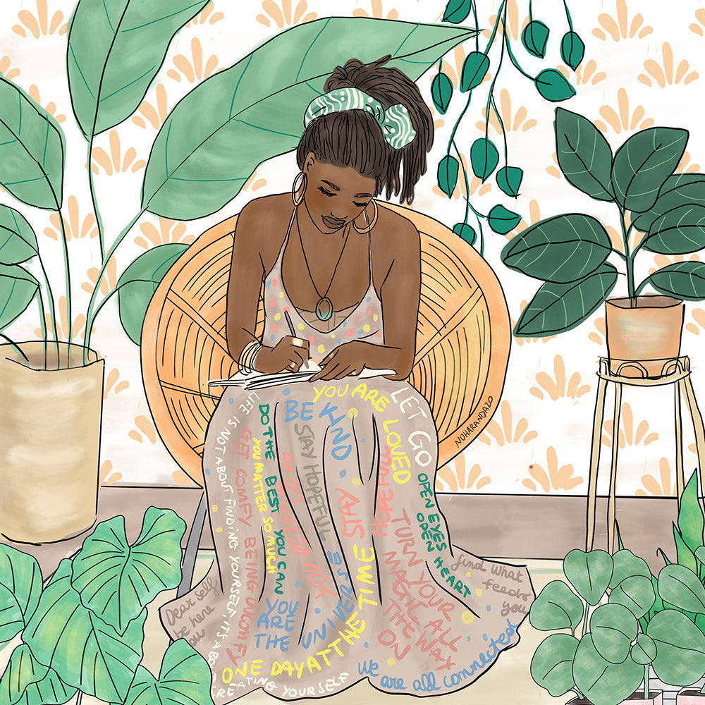 Illustration of a black woman sitting on a cane chair writing in her journal and surrounded by indoor plants