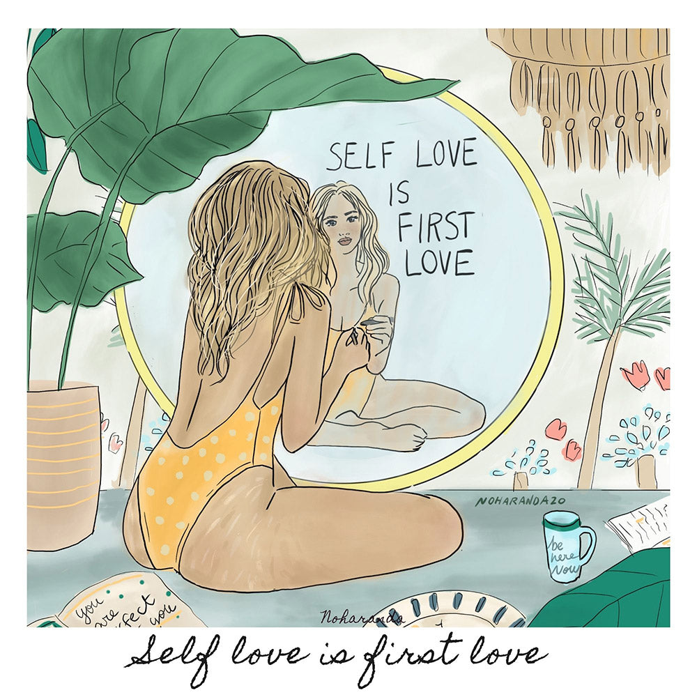 Illustration of a woman looking at herself in the mirror, with the text "self love is first love"