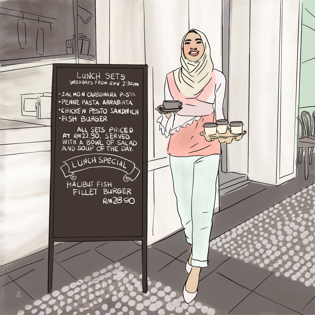 Illustration of woman in hijab collecting takeaway coffee outside cafe with sandwich board