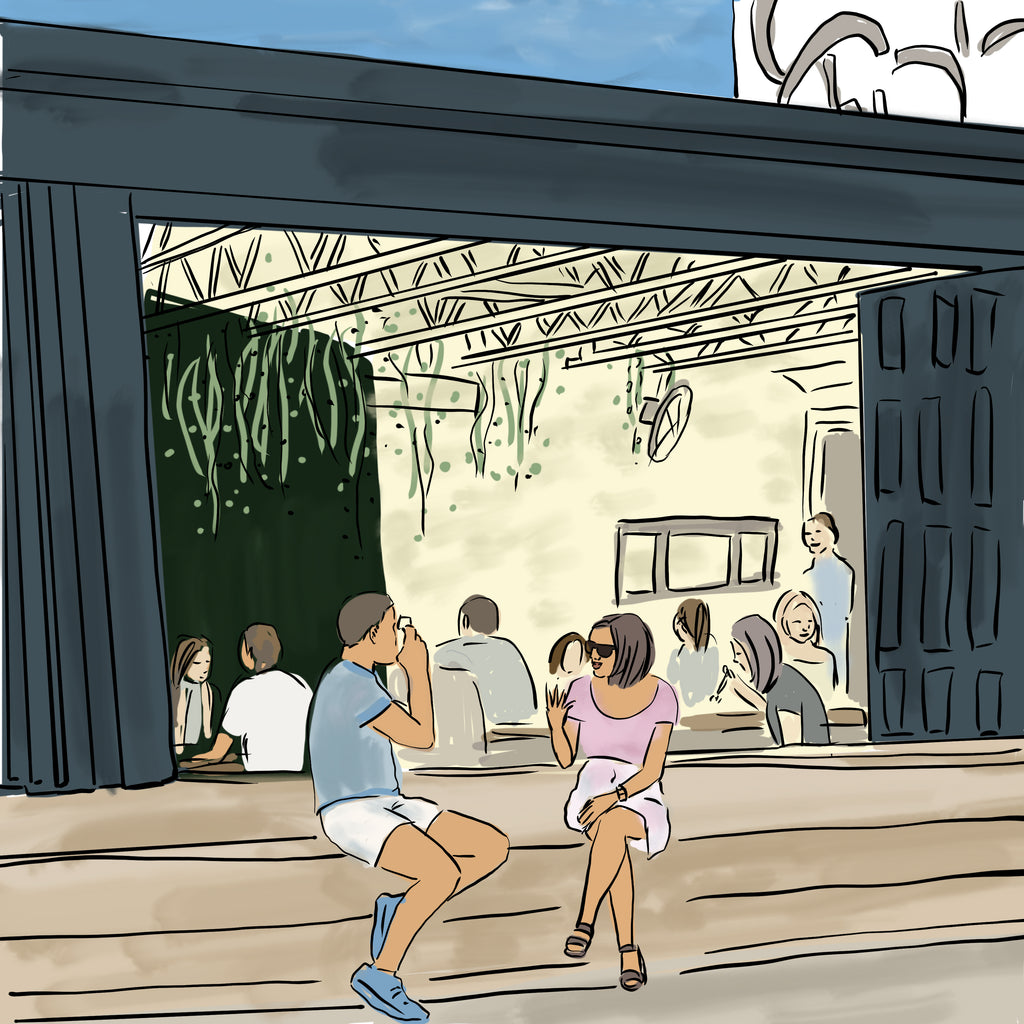 Illustration of couple seated on the courtyard steps of a cafe