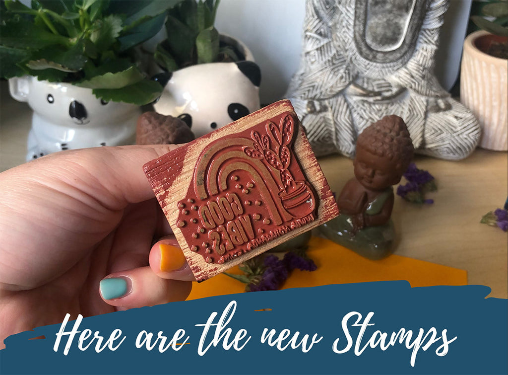 Noharanda new rubber stamps, showing the bottom of the Good Vibes rainbow design