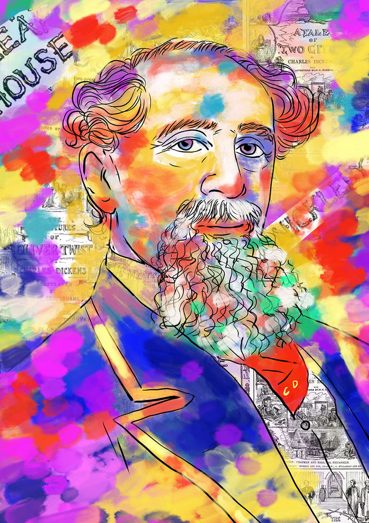 Bright and colourful illustration of Charles Dickens