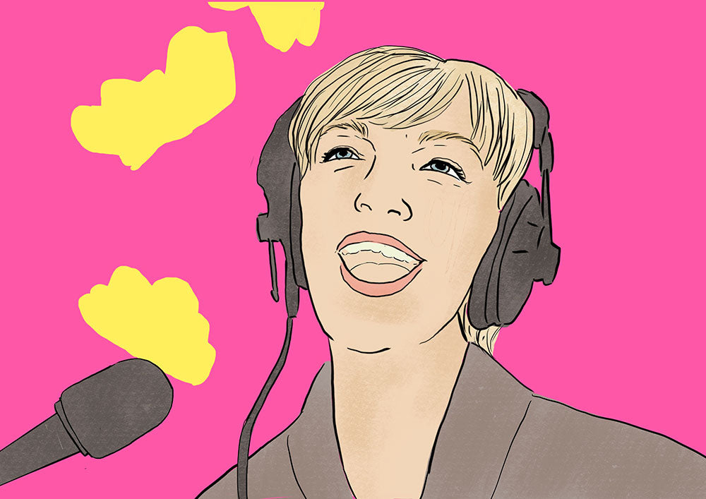 An illustration of a white woman with blond hair, headphones and a microphone smiling with her mouth open. The background of the image is bright pink with yellow clouds.