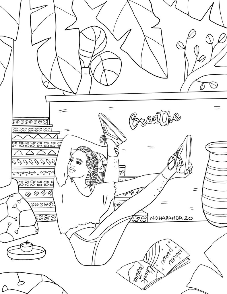 Black and white illustration of a woman doing yoga surrounded by plants at home