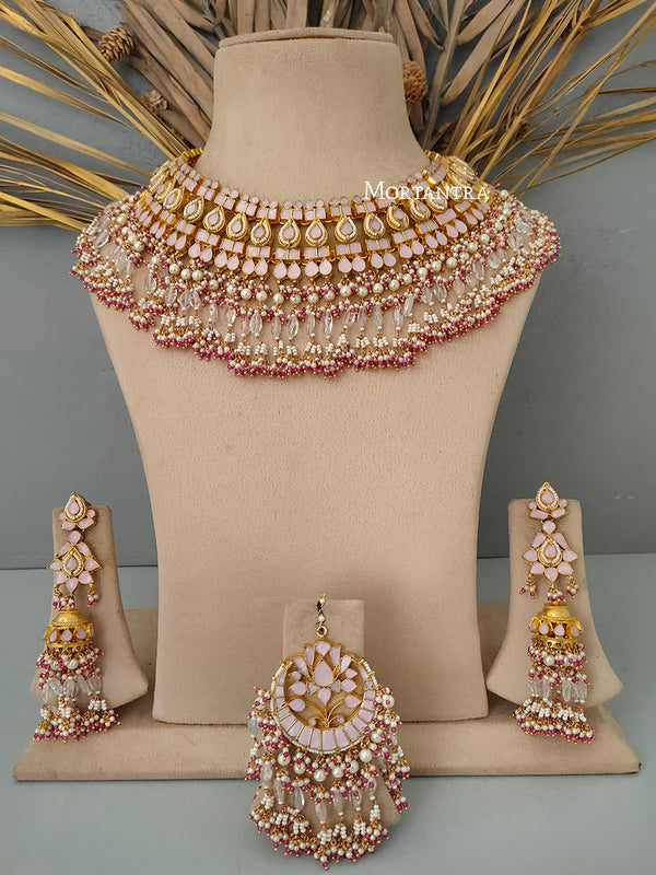 Pink Gold Plated Diamond Bridal Necklace Set – Mortantra