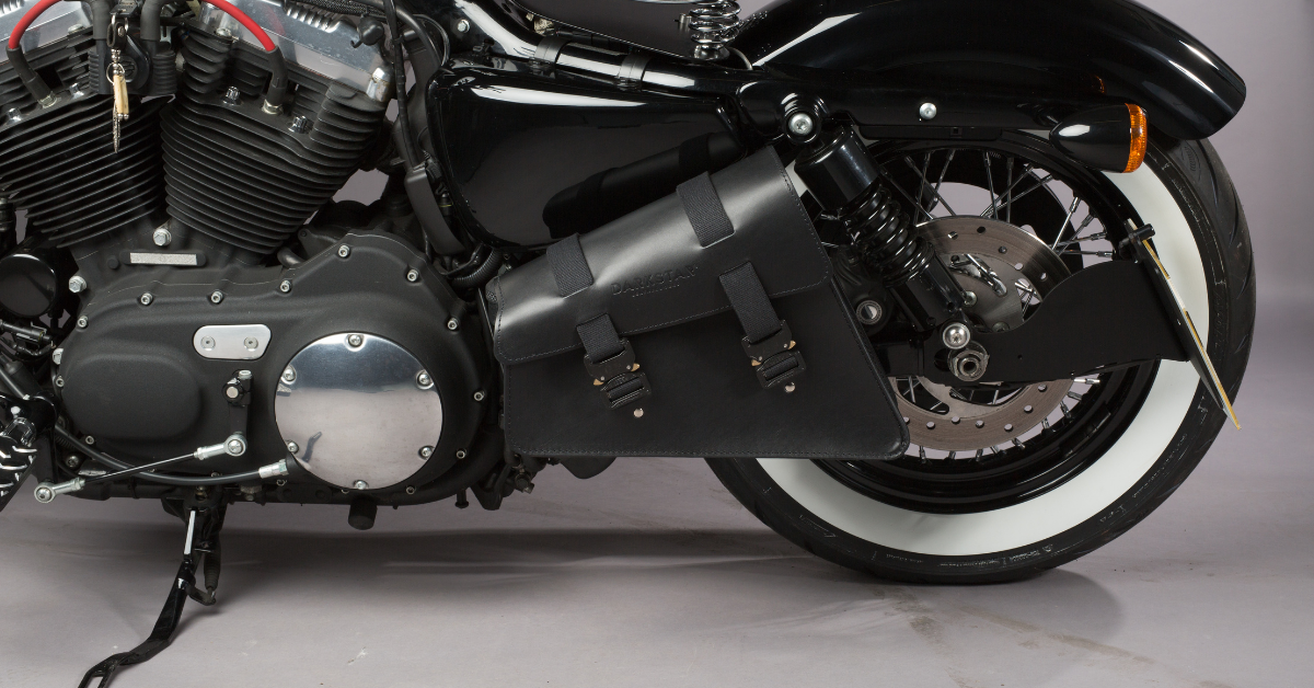 Explorer Swingarm bag on Harley Sportster in Black leather with Cobra buckles