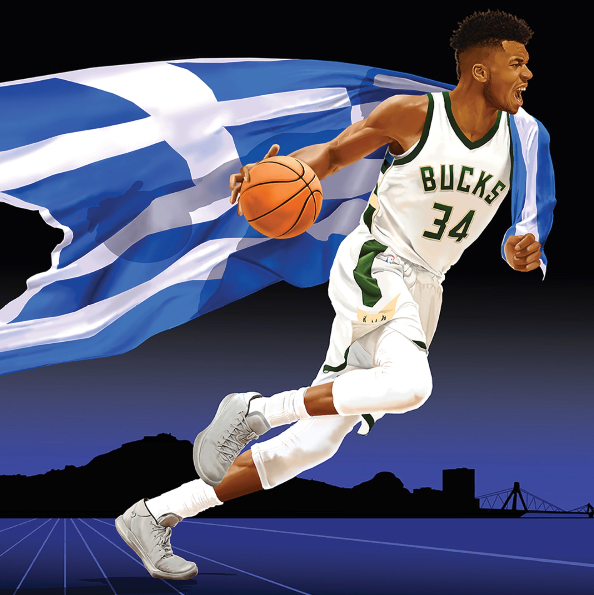 Giannis is mid-dribble with a basketball, carrying a large, billowing Greek flag. Behind him is a silhouette of Athens. 