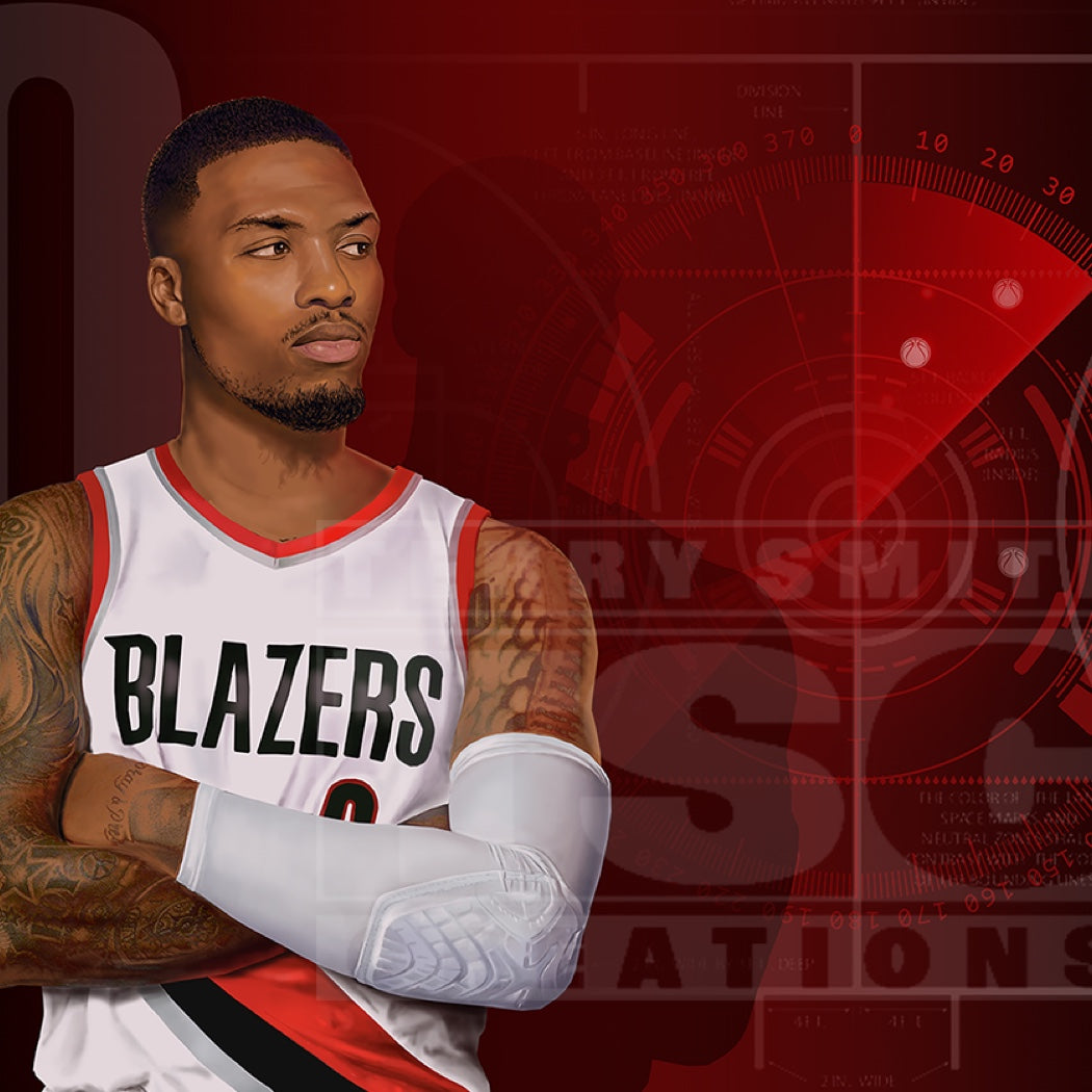 Damian Lillard looks pensive in front of a dramatic red background of a techy basketball court.
