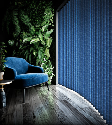 Blue vertical blind on a large window