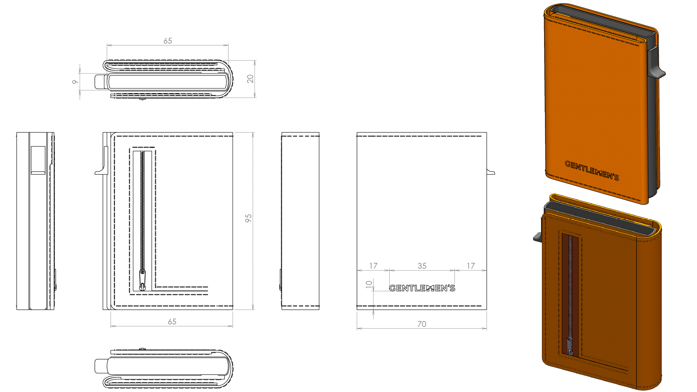 Technical drawing showing details of the smart wallet.