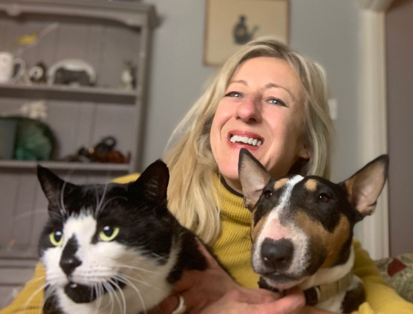 Anna Webb with Prudence, Miniature Bull Terrier, and Gremlin her rescue cat