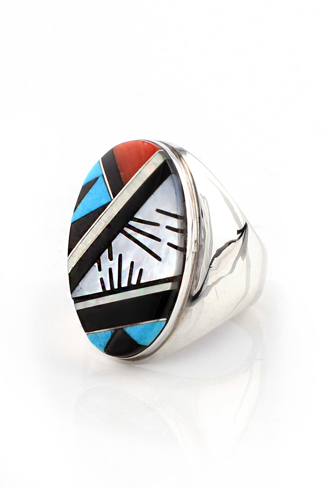 Zuni Turquoise Hummingbird Inlay Ring (Size 13) – Silver Eagle Gallery