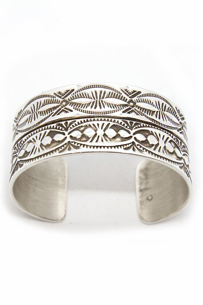 Item #913R- Xlg Wide Navajo Stamped Symbols Repousse Sterling Silver Cuff Bracelet by V&C Hale —Men's and Women's Sterling Silver and Gold Bracelets