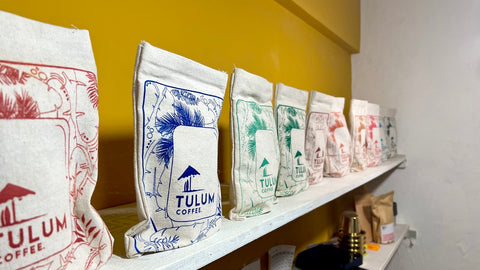 Tulum Coffee shelf | All coffees. Light roast, dark roast, medium roast coffees. All varieties of coffees on shelf