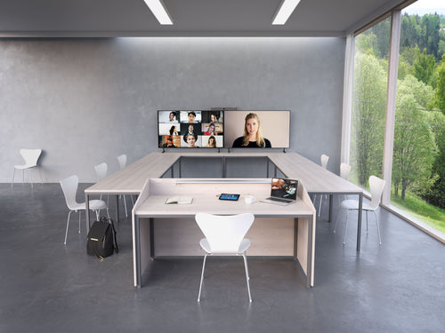 neat bar video soundbar, neatpad being bused as a room controller, dual tv display, zoom room controller in a modern video conference meeting room