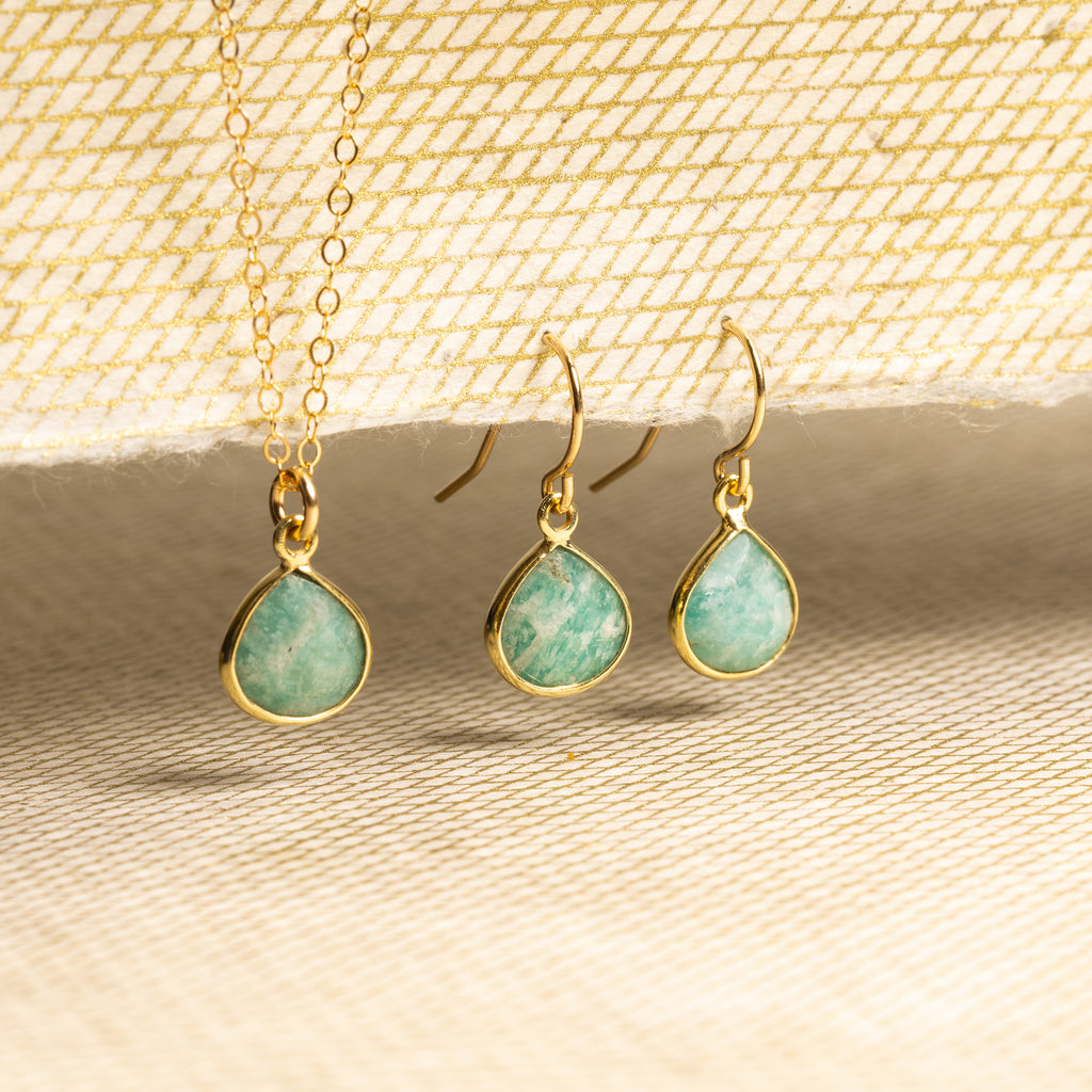 Amazonite Necklace and Drop Earrings Gold Set