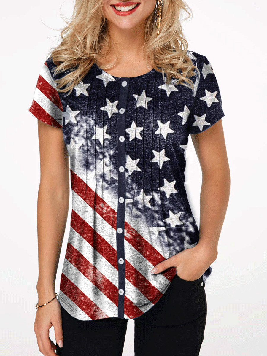 American Flag Print Crinkle Chest Button Up Blouse – normansa