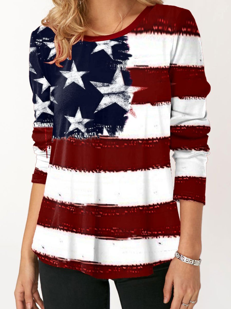 American Flag Print Round Neck Long Sleeve T-shirt – normansa