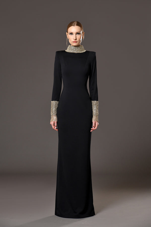 Black Crêpe Dress with Crystal Embroidery