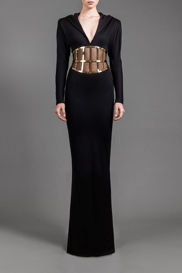 Badgley Mischka Dark Navy with Gold Beaded Belt Crepe Gown (US 4) |  Wardrobista.com