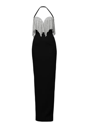 Black crêpe dress with crystal embroidered neckline and sleeves