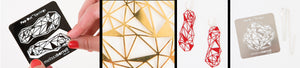 Four panel image. Crystal earrings card with two hands twisting the jewelry out. Close up of gold crystal jewelry. Crystal jewelry with hoops. Flat card geometric crystal pendant with chain.