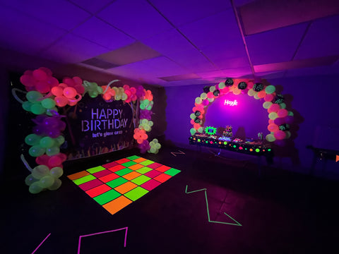 Glow Party Room with DIY decorations and blacklights