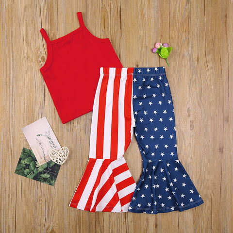 2 pcs girl set top tank & flared pants 4 of july set