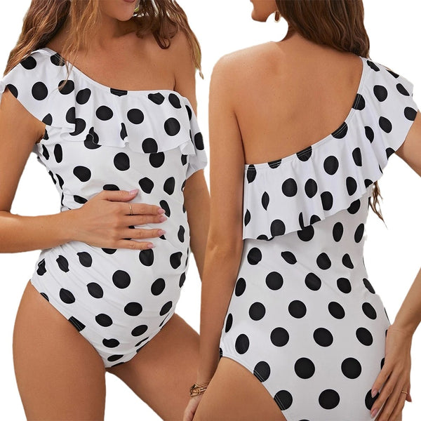 one piece white w dots maternity swimsuit