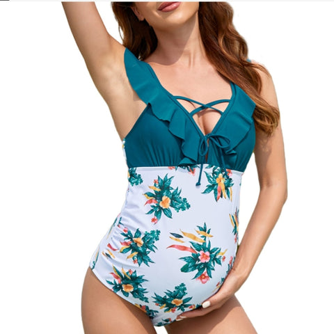 Maternity swimsuit, one piece, solid hue with flower details