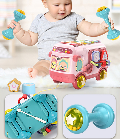 Blue bus toy with multiple functions