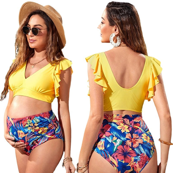 Yellow top & flowered bikini pregnancy swimsuit