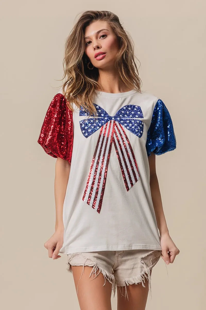 Sequined Stars and Stripes Bow Blouse