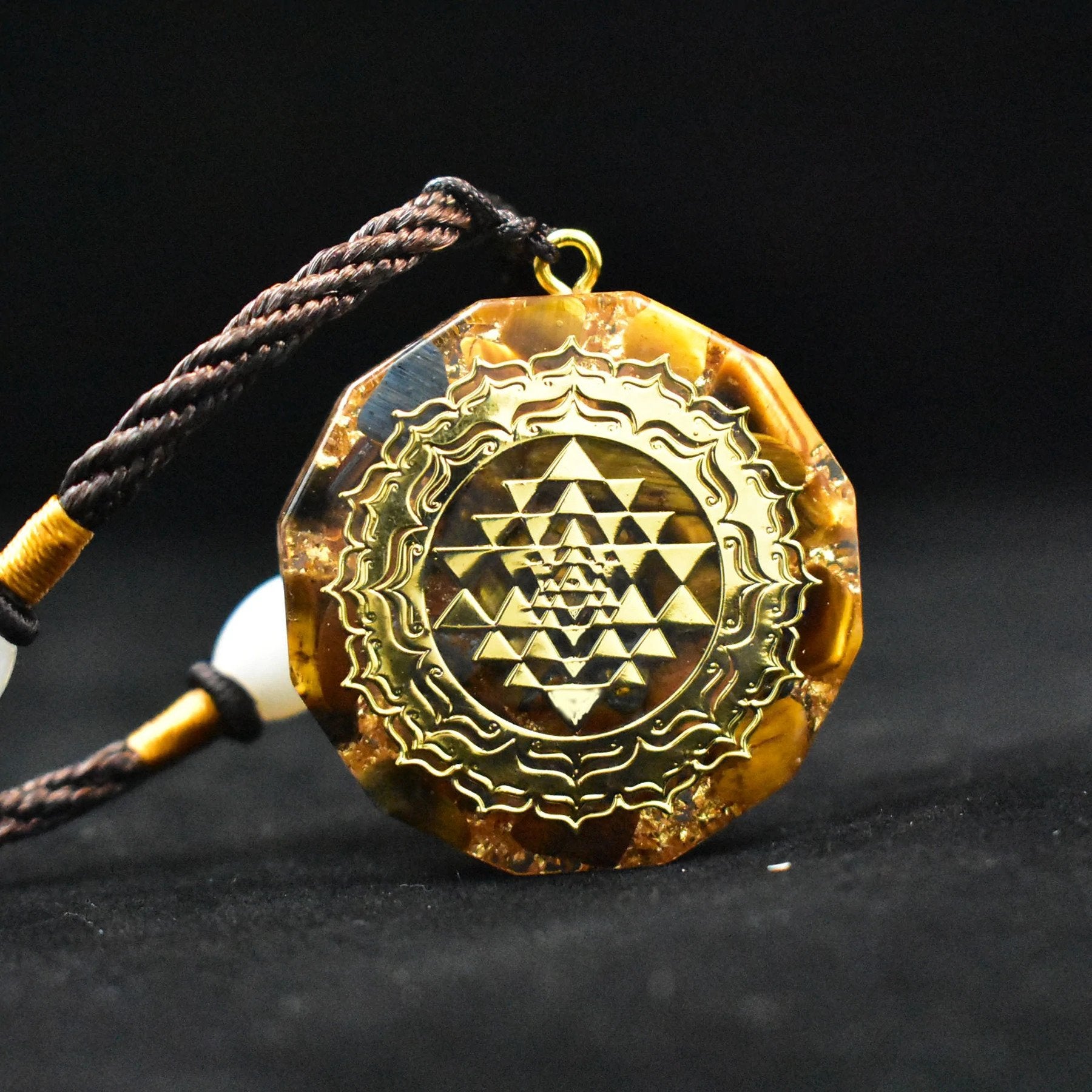 Sacred Sri Yantra Orgonite Necklace with Tiger's Eye