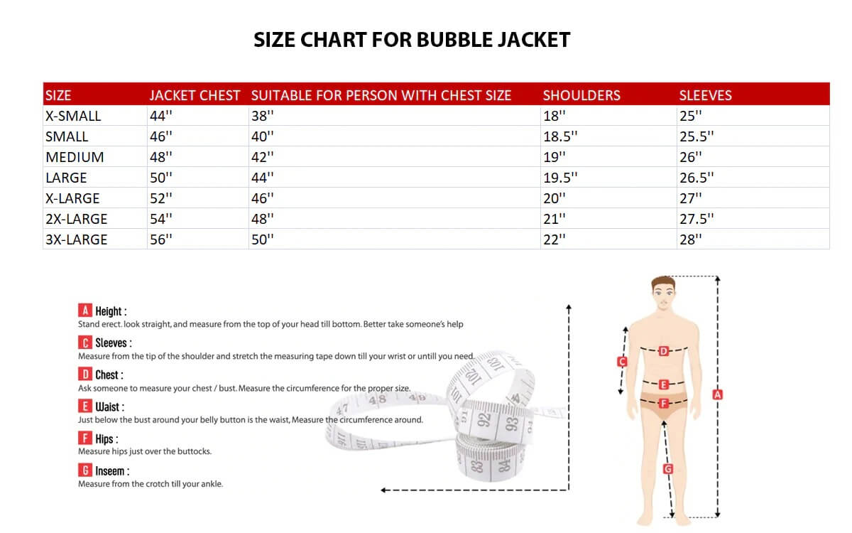 Bubble Jacket Size Chart